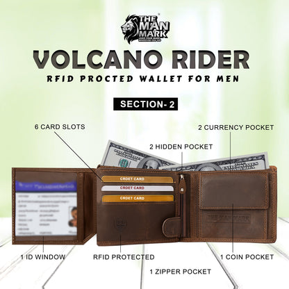 Volcano Rider Men's Premium Leather Wallet - 6 Card Slots, 2 Currency Pockets, 1 Zipper Pocket, RFID Protection - Perfect Gift for Birthday, Valentine's Day, Father's Day, Brother's Day, Anniversary, Rakhi, Diwali etc