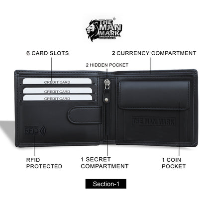 Black Sentinel Premium Leather Wallet - 6 Card Slots, 2 Currency Pockets, RFID Protection - Perfect Gift for Birthday, Valentine's Day, Father's Day, Brother's Day, Anniversary, Rakhi, Diwali etc