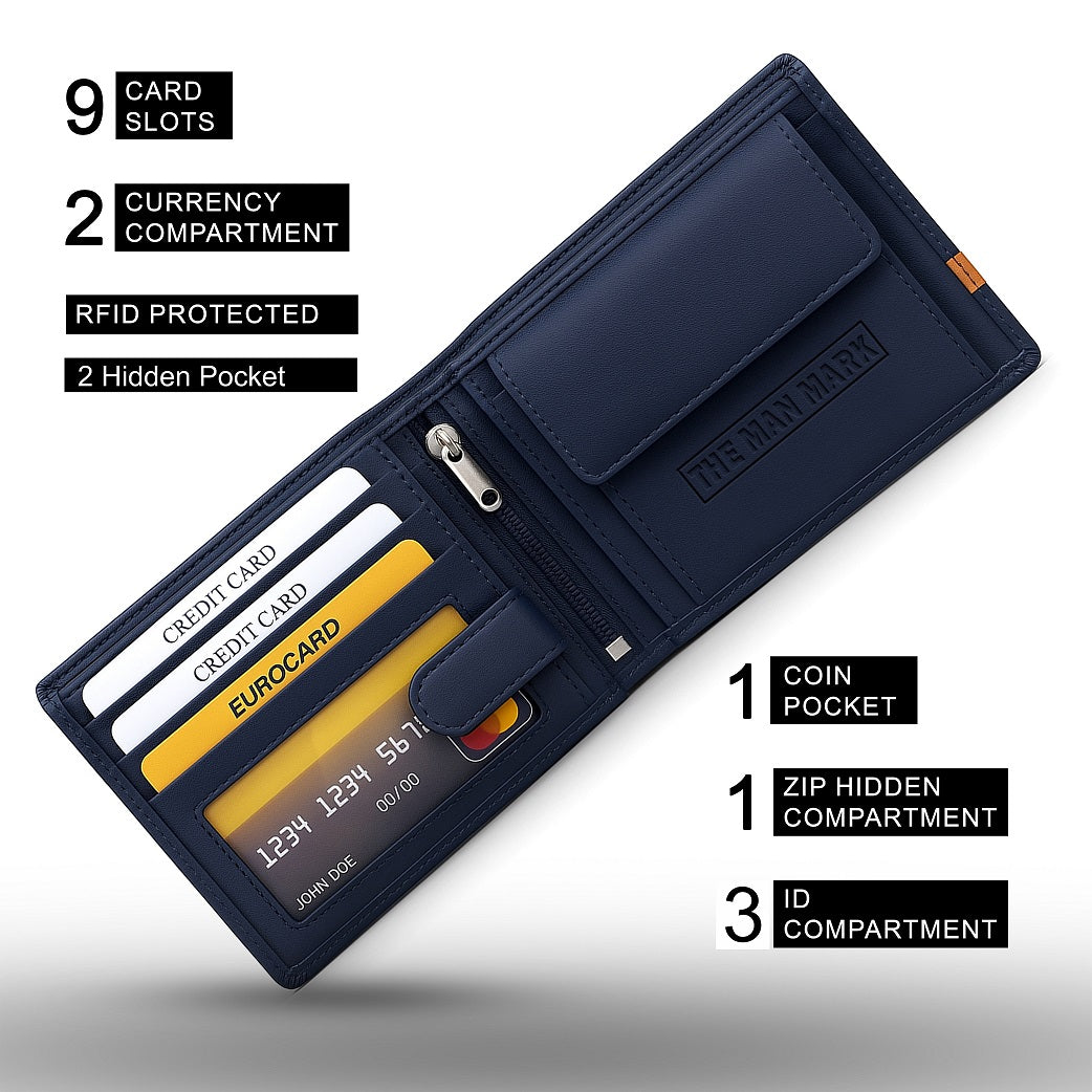 Alpha Edge Men's Premium Leather Wallet - 9 Card Slots, 2 Currency Pockets, RFID Protection - Perfect Gift for Birthday, Valentine's Day, Father's Day, Brother's Day, Anniversary, Rakhi, Diwali etc