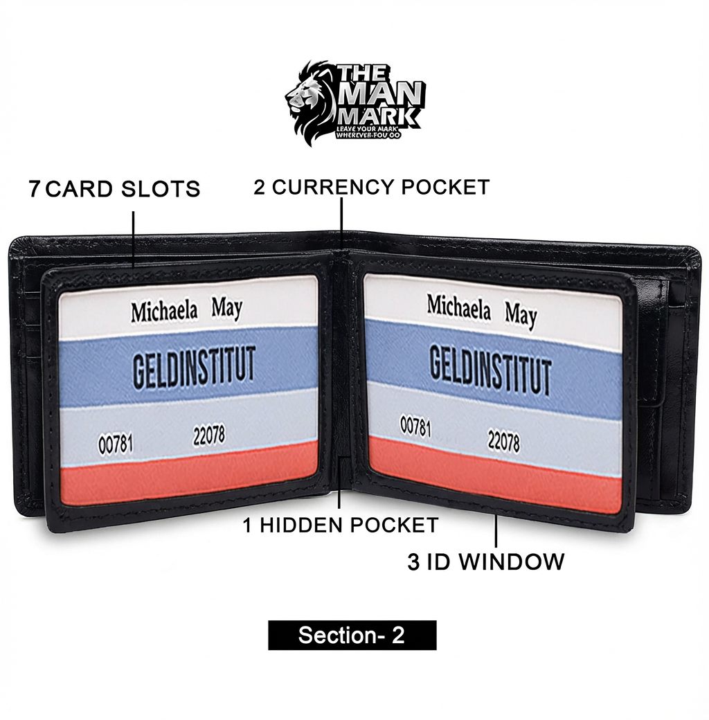 Black Executive Mark  Premium Leather Wallet - 7 Card Slots, 2 Currency Pockets, RFID Protection - Perfect Gift for Birthday, Valentine's Day, Father's Day, Brother's Day, Anniversary, Rakhi, Diwali etc