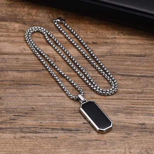 Men Geometric Necklaces for Boys, Black Square Rectangle Bar Pendant Collar