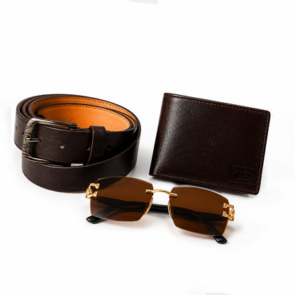 Brown Sentinel Wallet, Alpha Rider Brown Sunglasses & Professional Edge Brown Belt – Premium Gift Combo for Men