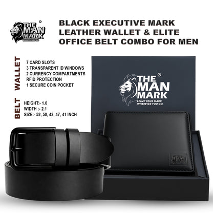 Black Executive Mark  Leather Wallet & Elite Office Belt Combo for Men