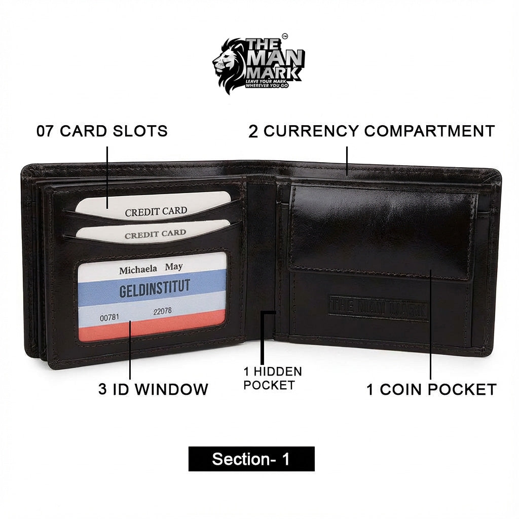 Black Executive Mark  Premium Leather Wallet - 7 Card Slots, 2 Currency Pockets, RFID Protection - Perfect Gift for Birthday, Valentine's Day, Father's Day, Brother's Day, Anniversary, Rakhi, Diwali etc
