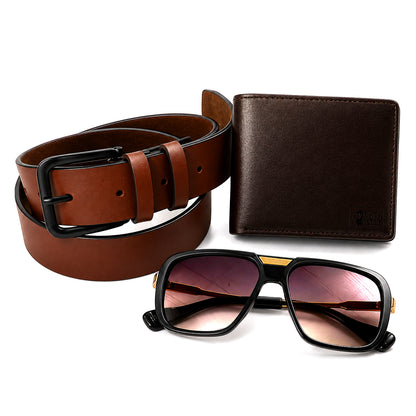 Executive Mark Wallet, Alpha Vision Gold Sunglasses & Elite Office Brown Belt – Premium Gift Combo for Men