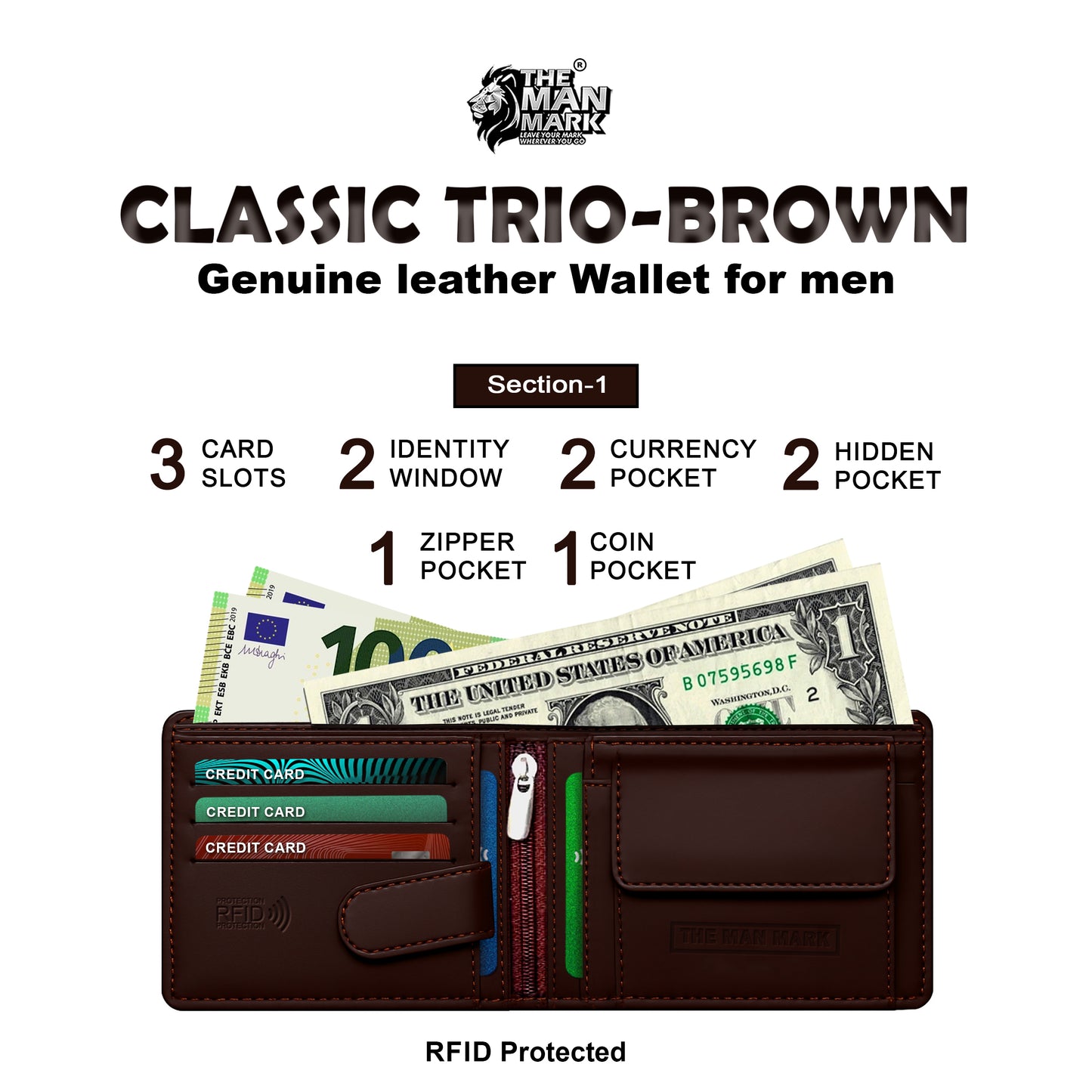 Classic Trio (Brown) Pu Leather Wallet- 3 Card Slots, 2 Currency Pockets, 2 ID Window, RFID Protection - Perfect Gift for Birthday, Valentine's Day, Father's Day, Brother's Day, Anniversary, Rakhi, Diwali etc.