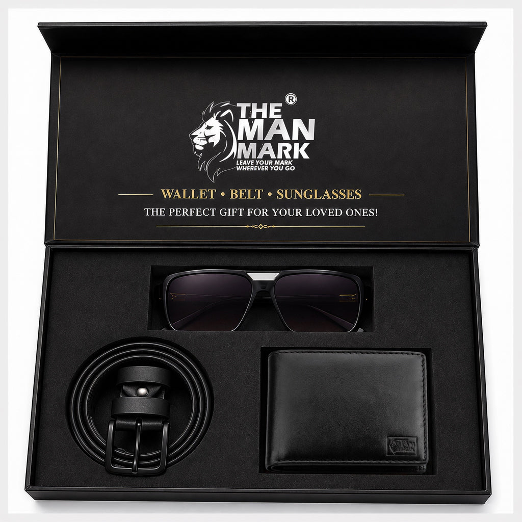 Black Executive Mark Wallet, Alpha Vision SI Sunglasses & Elite Office Black Belt – Premium Gift Combo for Men