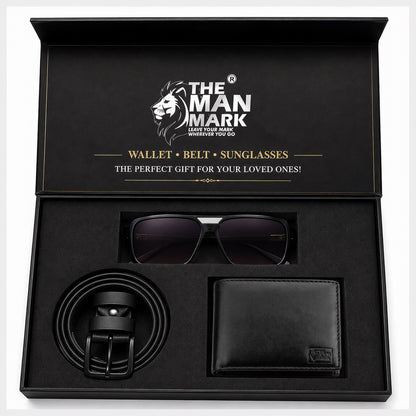 Black Executive Mark Wallet, Alpha Vision SI Sunglasses & Elite Office Black Belt – Premium Gift Combo for Men