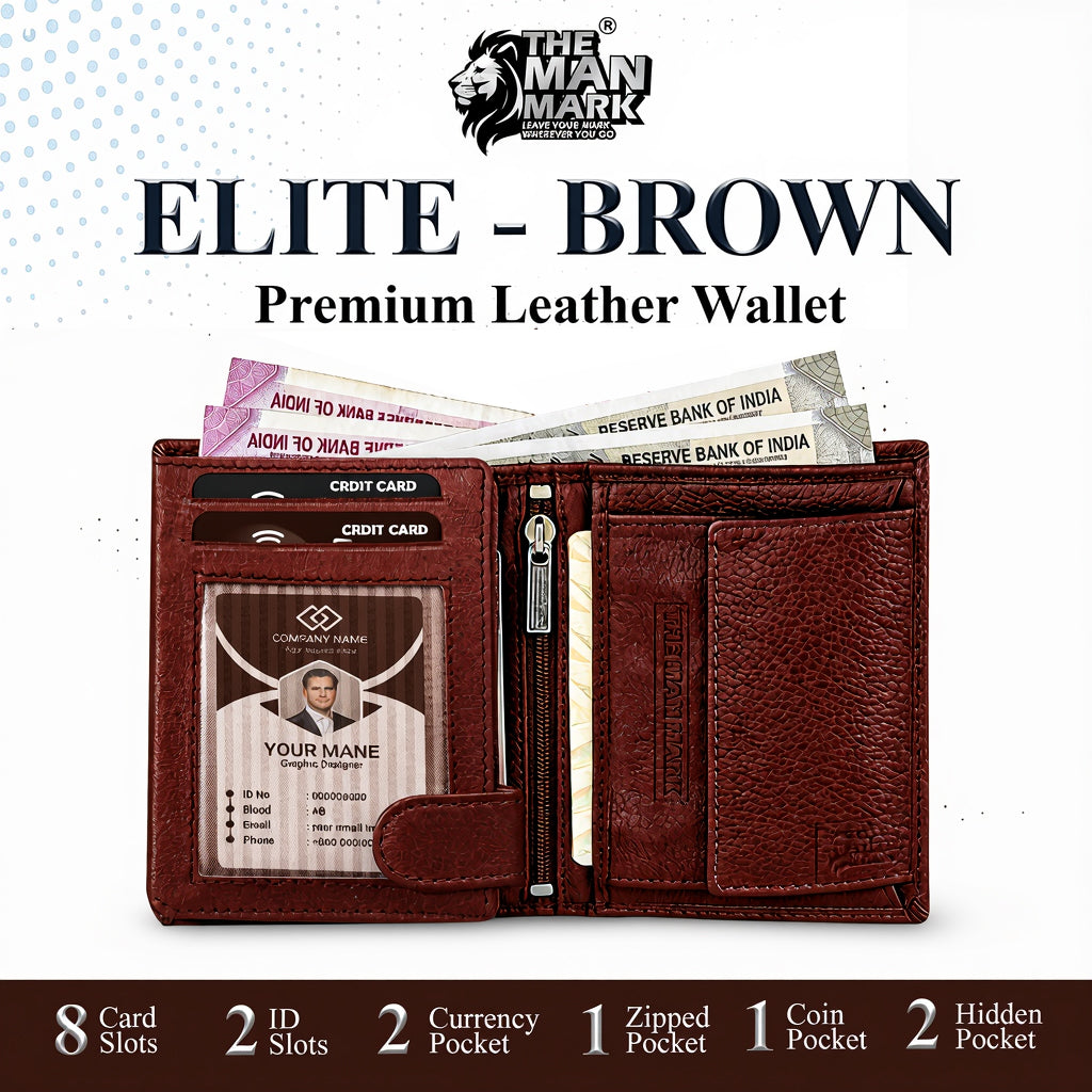 Elite (Brown) Premium Leather Wallet - 8 Card Slots, 2 Currency Pockets, 2, ID Window, RFID Protection - Perfect Gift for Birthday, Valentine's Day, Father's Day, Brother's Day, Anniversary, Rakhi, Diwali etc
