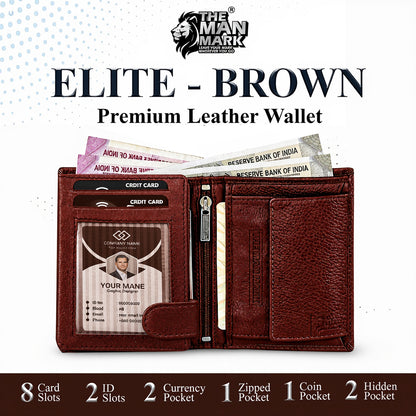 Elite (Brown) Premium Leather Wallet - 8 Card Slots, 2 Currency Pockets, 2, ID Window, RFID Protection - Perfect Gift for Birthday, Valentine's Day, Father's Day, Brother's Day, Anniversary, Rakhi, Diwali etc
