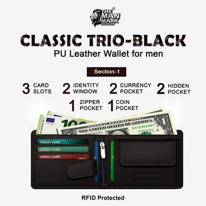 Classic Trio (Black) Pu Leather Wallet- 3 Card Slots, 2 Currency Pockets, 2 ID Window, RFID Protection - Perfect Gift for Birthday, Valentine's Day, Father's Day, Brother's Day, Anniversary, Rakhi, Diwali etc.