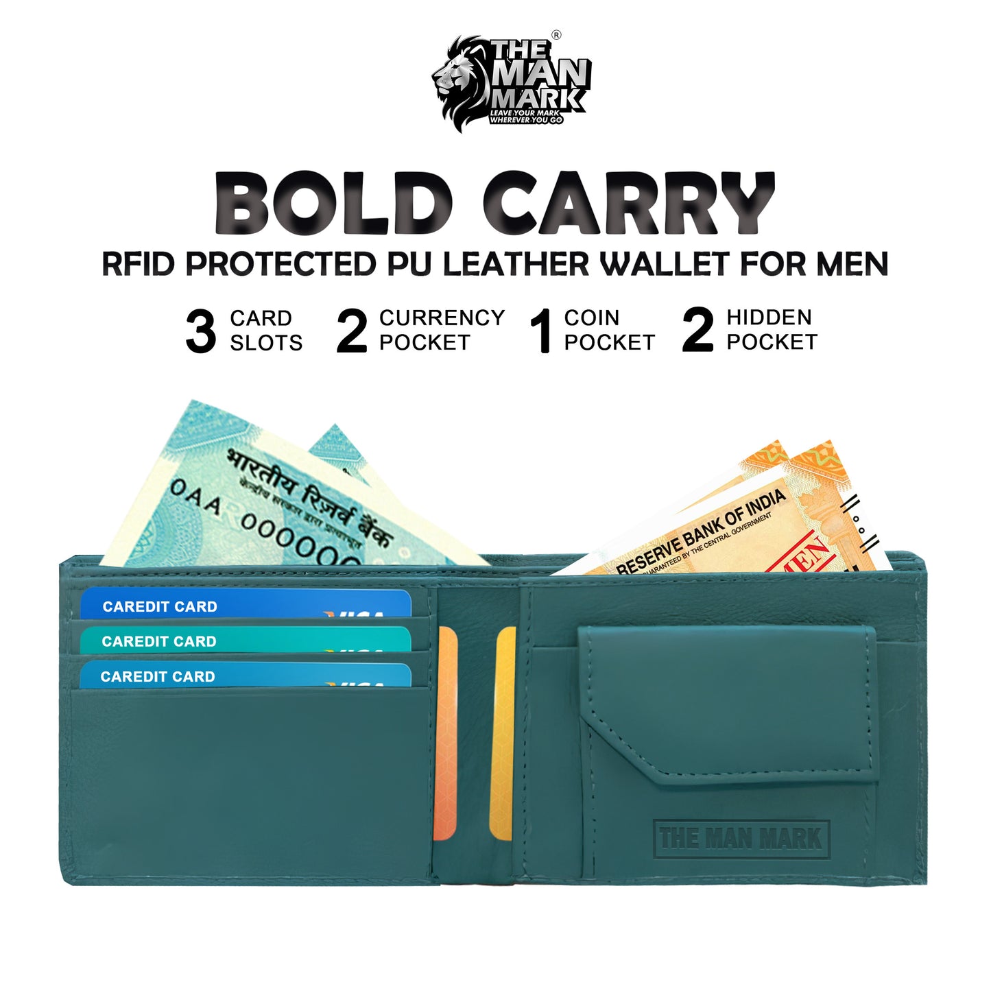 Bold Carry (Green) Pu Leather Wallet- 3 Card Slots, 2 Currency Pockets, 2 Hidden Pocket, RFID Protection - Perfect Gift for Birthday, Valentine's Day, Father's Day, Brother's Day, Anniversary, Rakhi, Diwali etc.