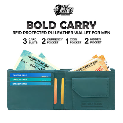 Bold Carry (Green) Pu Leather Wallet- 3 Card Slots, 2 Currency Pockets, 2 Hidden Pocket, RFID Protection - Perfect Gift for Birthday, Valentine's Day, Father's Day, Brother's Day, Anniversary, Rakhi, Diwali etc.