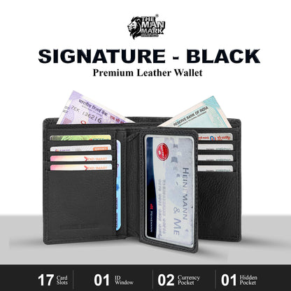 Signature (Black) Premium Leather Wallet - 17 Card Slots, 2 Currency Pockets, RFID Protection - Perfect Gift for Birthday, Valentine's Day, Father's Day, Brother's Day, Anniversary, Rakhi, Diwali etc
