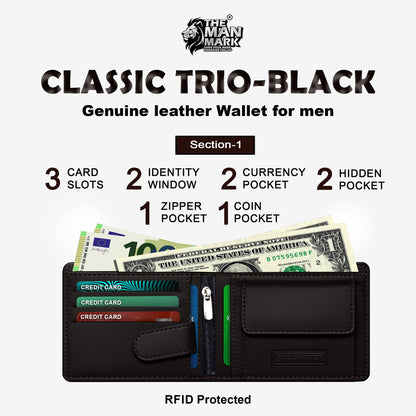 Classic Trio (Black) Pu Leather Wallet- 3 Card Slots, 2 Currency Pockets, 2 ID Window, RFID Protection - Perfect Gift for Birthday, Valentine's Day, Father's Day, Brother's Day, Anniversary, Rakhi, Diwali etc.