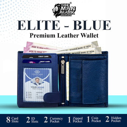 Elite (Blue) Premium Leather Wallet - 8 Card Slots, 2 Currency Pockets, 2, ID Window, RFID Protection - Perfect Gift for Birthday, Valentine's Day, Father's Day, Brother's Day, Anniversary, Rakhi, Diwali etc