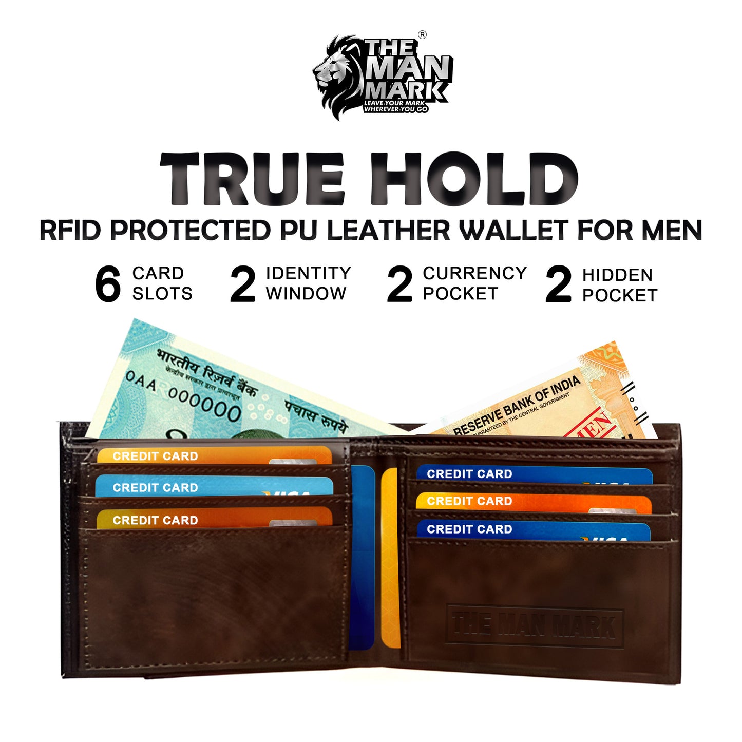 True Hold Pu Leather Wallet- 6 Card Slots, 2 Currency Pockets, 2 ID Window, RFID Protection - Perfect Gift for Birthday, Valentine's Day, Father's Day, Brother's Day, Anniversary, Rakhi, Diwali etc.