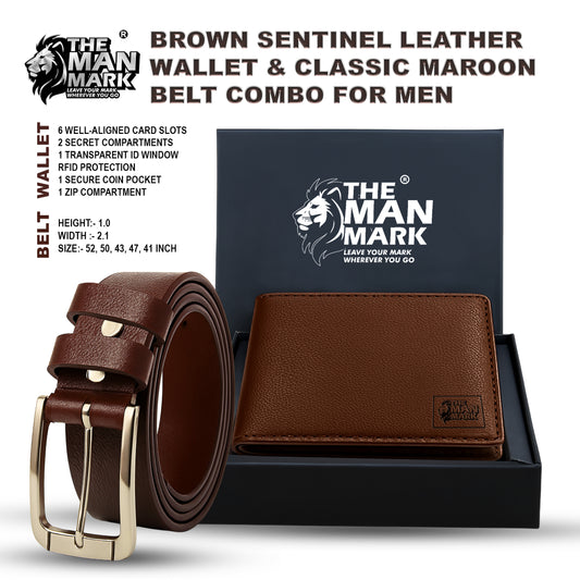 Brown Sentinel Leather Wallet & Classic Maroon Belt Combo for Men