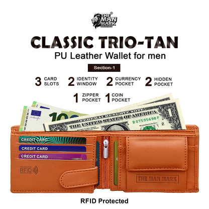 Classic Trio (Tan) Pu Leather Wallet- 3 Card Slots, 2 Currency Pockets, 2 ID Window, RFID Protection - Perfect Gift for Birthday, Valentine's Day, Father's Day, Brother's Day, Anniversary, Rakhi, Diwali etc.