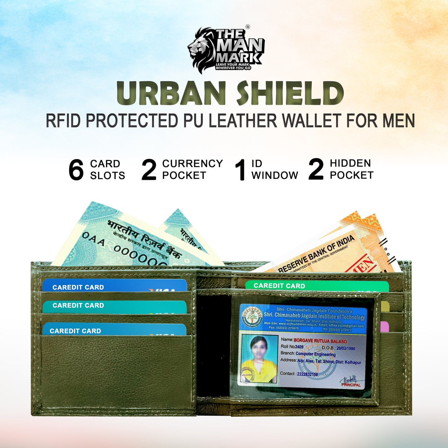 Urban Shield (Green) Pu Leather Wallet- 6 Card Slots, 2 Currency Pockets, 1 ID Window, RFID Protection - Perfect Gift for Birthday, Valentine's Day, Father's Day, Brother's Day, Anniversary, Rakhi, Diwali etc.