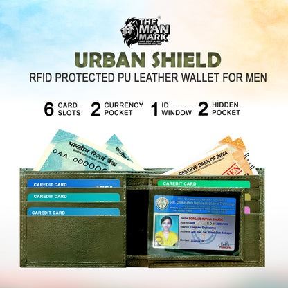 Urban Shield (Green) Pu Leather Wallet- 6 Card Slots, 2 Currency Pockets, 1 ID Window, RFID Protection - Perfect Gift for Birthday, Valentine's Day, Father's Day, Brother's Day, Anniversary, Rakhi, Diwali etc.