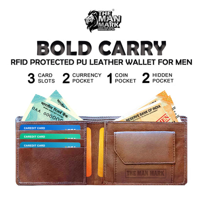 Bold Carry Pu Leather Wallet- 3 Card Slots, 2 Currency Pockets, 2 Hidden Pocket, RFID Protection - Perfect Gift for Birthday, Valentine's Day, Father's Day, Brother's Day, Anniversary, Rakhi, Diwali etc.