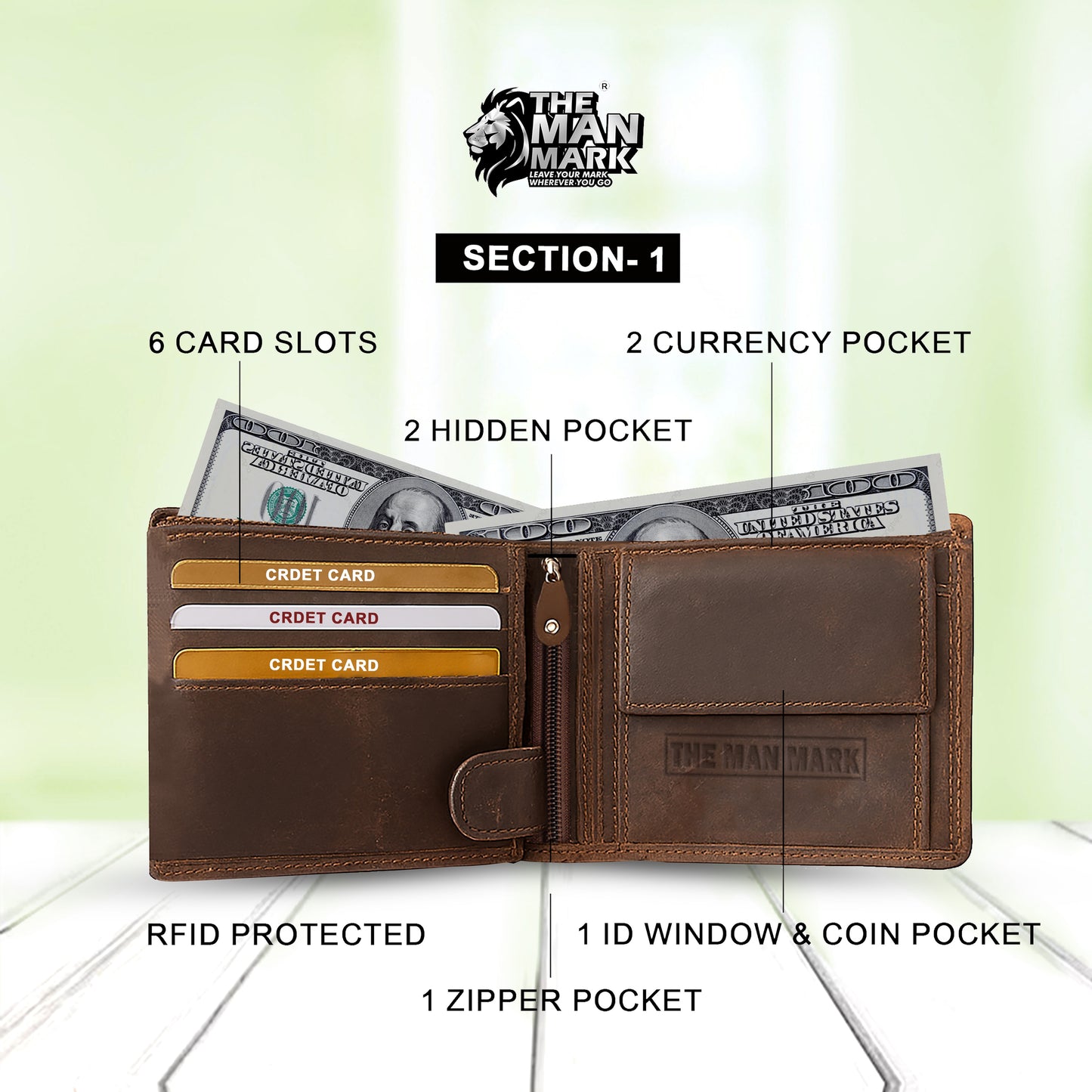 Volcano Rider Men's Premium Leather Wallet - 6 Card Slots, 2 Currency Pockets, 1 Zipper Pocket, RFID Protection - Perfect Gift for Birthday, Valentine's Day, Father's Day, Brother's Day, Anniversary, Rakhi, Diwali etc