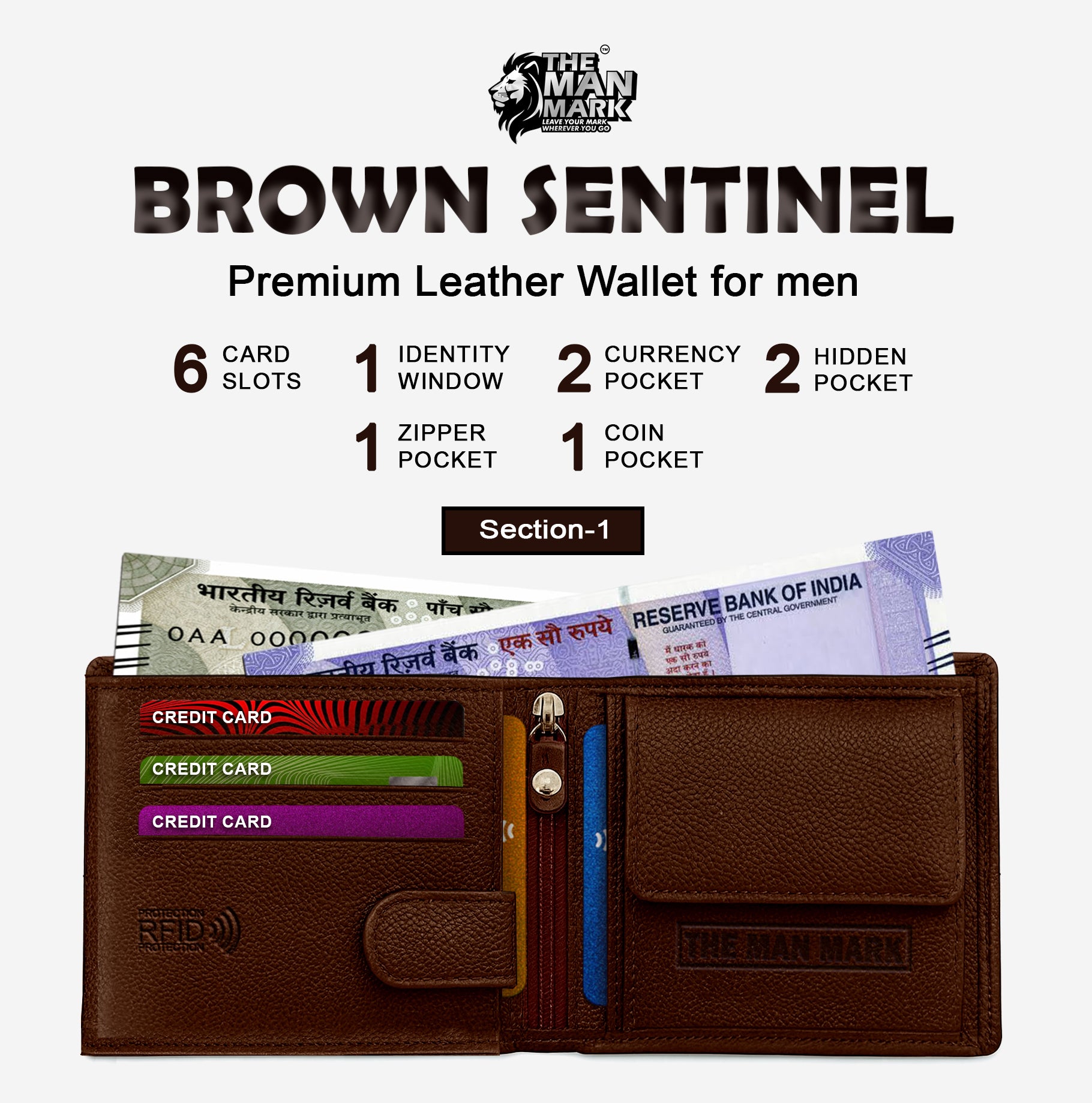 Brown Sentinel Premium Leather Wallet - 6 Card Slots, 2 Currency Pockets, RFID Protection - Perfect Gift for Birthday, Valentine's Day, Father's Day, Brother's Day, Anniversary, Rakhi, Diwali etc