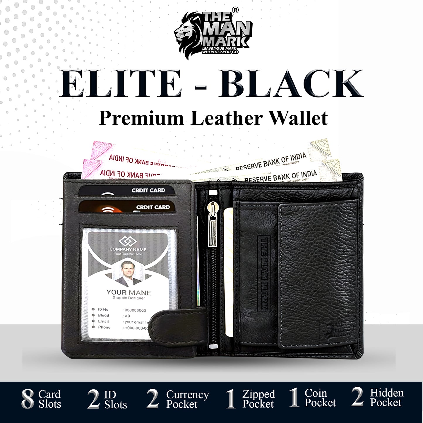 Elite (Black) Premium Leather Wallet - 8 Card Slots, 2 Currency Pockets, 2, ID Window, RFID Protection - Perfect Gift for Birthday, Valentine's Day, Father's Day, Brother's Day, Anniversary, Rakhi, Diwali etc
