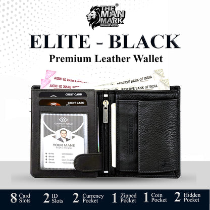 Elite (Black) Premium Leather Wallet - 8 Card Slots, 2 Currency Pockets, 2, ID Window, RFID Protection - Perfect Gift for Birthday, Valentine's Day, Father's Day, Brother's Day, Anniversary, Rakhi, Diwali etc