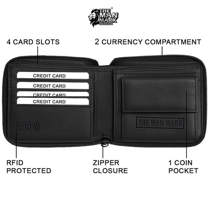 Vault Iron Zip Premium Leather Wallet - 4 Card Slots, 2 Currency Pockets, RFID Protection - Perfect Gift for Birthday, Valentine's Day, Father's Day, Brother's Day, Anniversary, Rakhi, Diwali etc