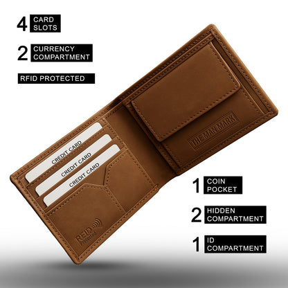 Golden Mustang Premium Leather Wallet - 4 Card Slots, 2 Currency Pockets, RFID Protection - Perfect Gift for Birthday, Valentine's Day, Father's Day, Brother's Day, Anniversary, Rakhi, Diwali etc