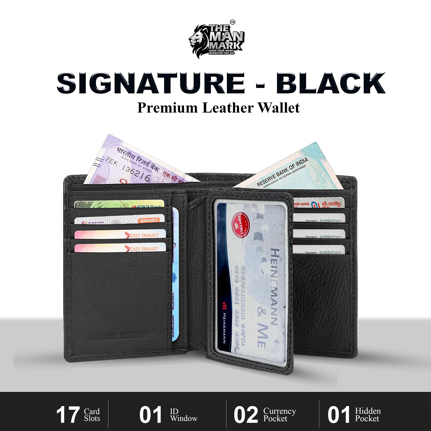 Signature (Black) Premium Leather Wallet - 17 Card Slots, 2 Currency Pockets, RFID Protection - Perfect Gift for Birthday, Valentine's Day, Father's Day, Brother's Day, Anniversary, Rakhi, Diwali etc