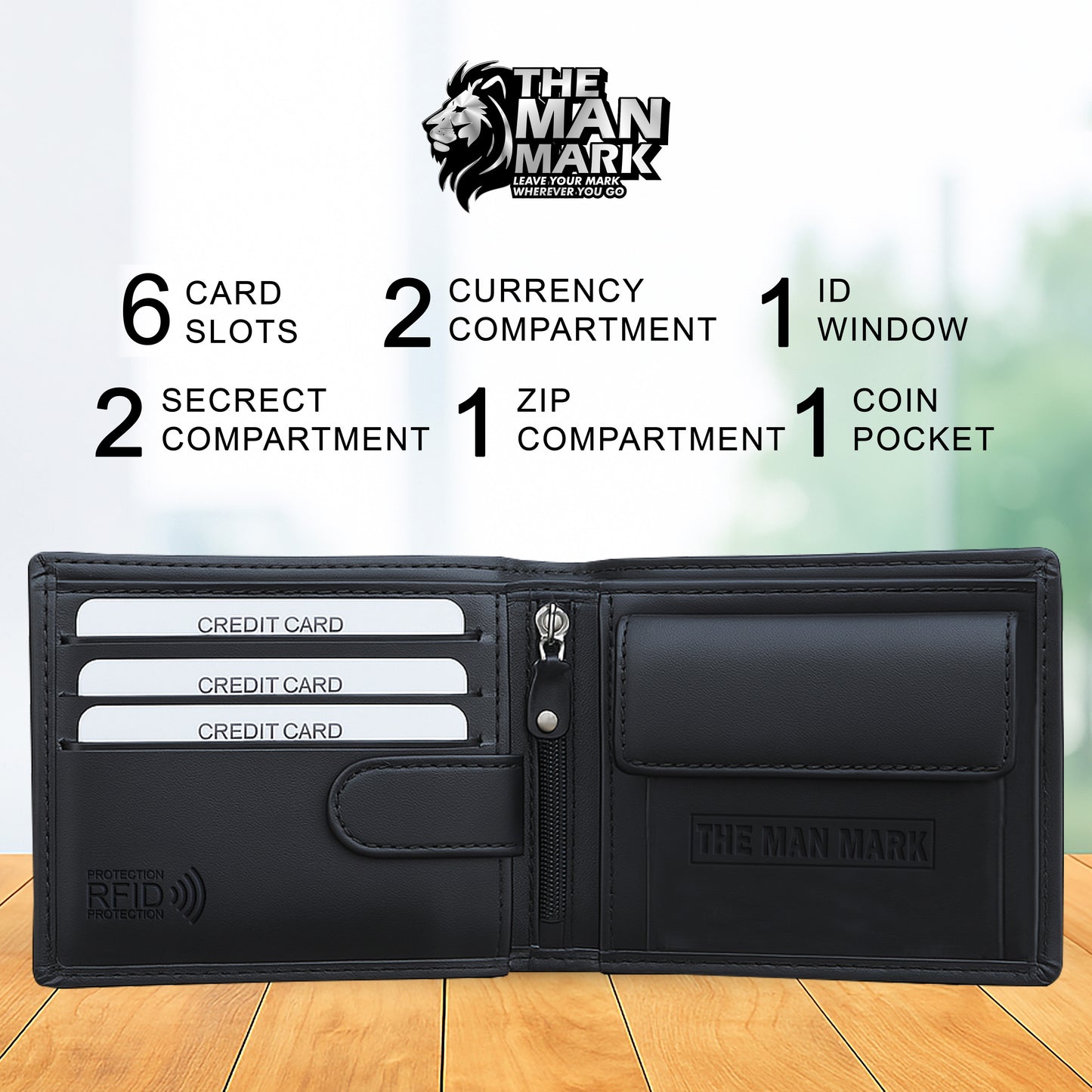 Black Sentinel Premium Leather Wallet - 6 Card Slots, 2 Currency Pockets, RFID Protection - Perfect Gift for Birthday, Valentine's Day, Father's Day, Brother's Day, Anniversary, Rakhi, Diwali etc