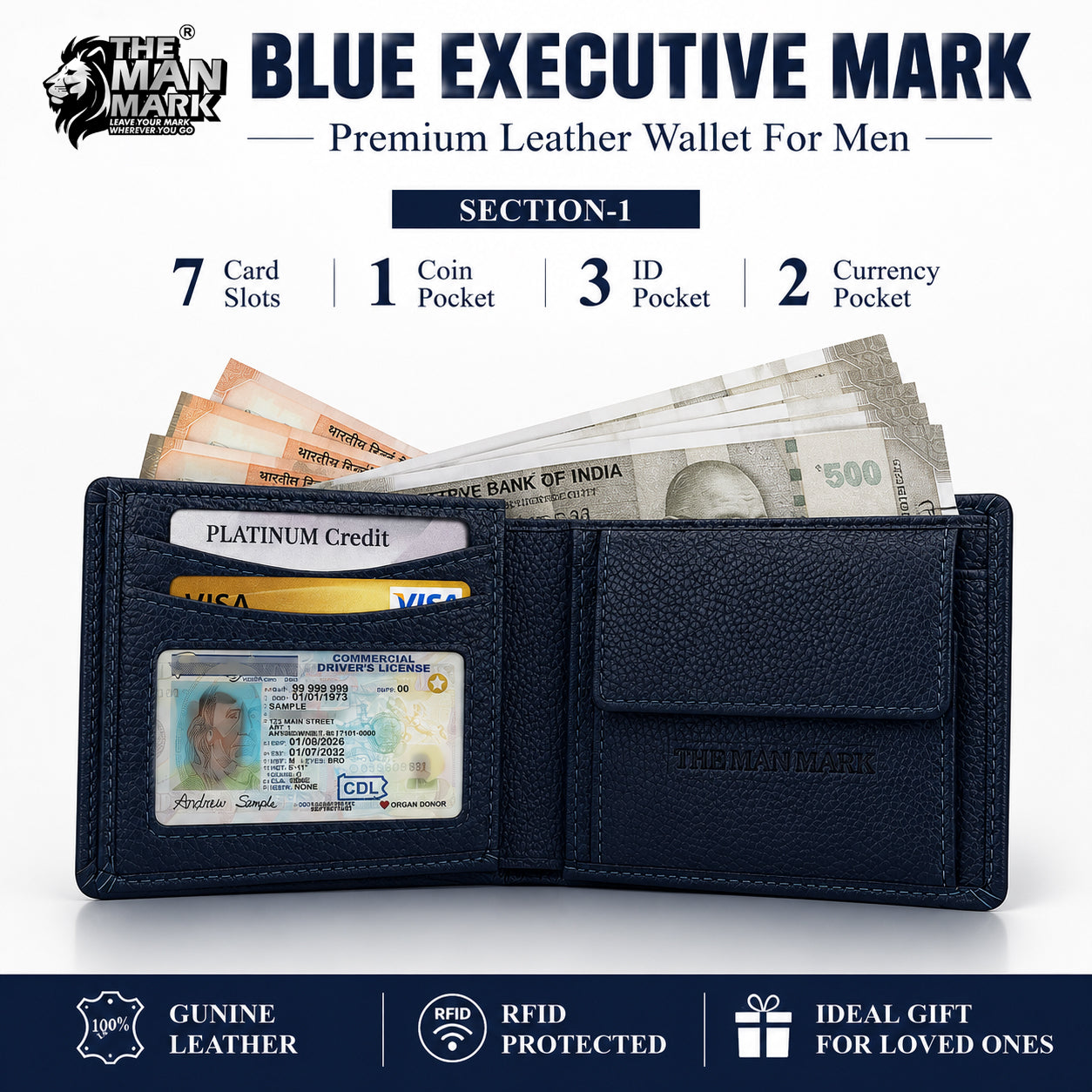 Blue Executive Mark  Premium Leather Wallet - 7 Card Slots, 2 Currency Pockets, RFID Protection - Perfect Gift for Birthday, Valentine's Day, Father's Day, Brother's Day, Anniversary, Rakhi, Diwali etc