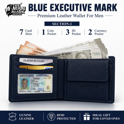Blue Executive Mark  Premium Leather Wallet - 7 Card Slots, 2 Currency Pockets, RFID Protection - Perfect Gift for Birthday, Valentine's Day, Father's Day, Brother's Day, Anniversary, Rakhi, Diwali etc
