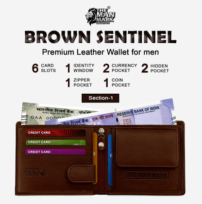 Brown Sentinel Premium Leather Wallet - 6 Card Slots, 2 Currency Pockets, RFID Protection - Perfect Gift for Birthday, Valentine's Day, Father's Day, Brother's Day, Anniversary, Rakhi, Diwali etc
