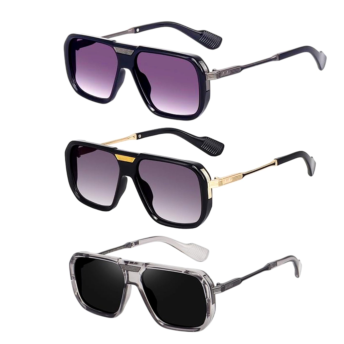 Alpha Vision Sunglasses for Men – Black, Gold & Silver 3-Color Combo Pack | UV400 Protection | Premium Square Frame | Lightweight Stylish Eyewear