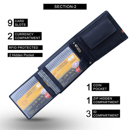 Alpha Edge Men's Premium Leather Wallet - 9 Card Slots, 2 Currency Pockets, RFID Protection - Perfect Gift for Birthday, Valentine's Day, Father's Day, Brother's Day, Anniversary, Rakhi, Diwali etc