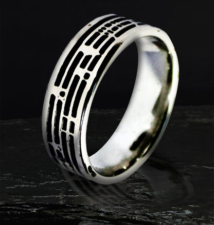 Stainless steel ring, with black enamel, silver