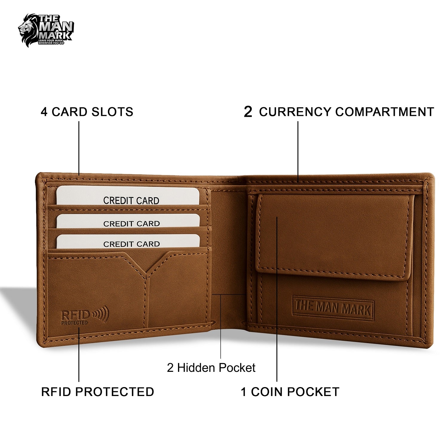 Golden Mustang Premium Leather Wallet - 4 Card Slots, 2 Currency Pockets, RFID Protection - Perfect Gift for Birthday, Valentine's Day, Father's Day, Brother's Day, Anniversary, Rakhi, Diwali etc