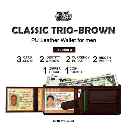 Classic Trio (Brown) Pu Leather Wallet- 3 Card Slots, 2 Currency Pockets, 2 ID Window, RFID Protection - Perfect Gift for Birthday, Valentine's Day, Father's Day, Brother's Day, Anniversary, Rakhi, Diwali etc.