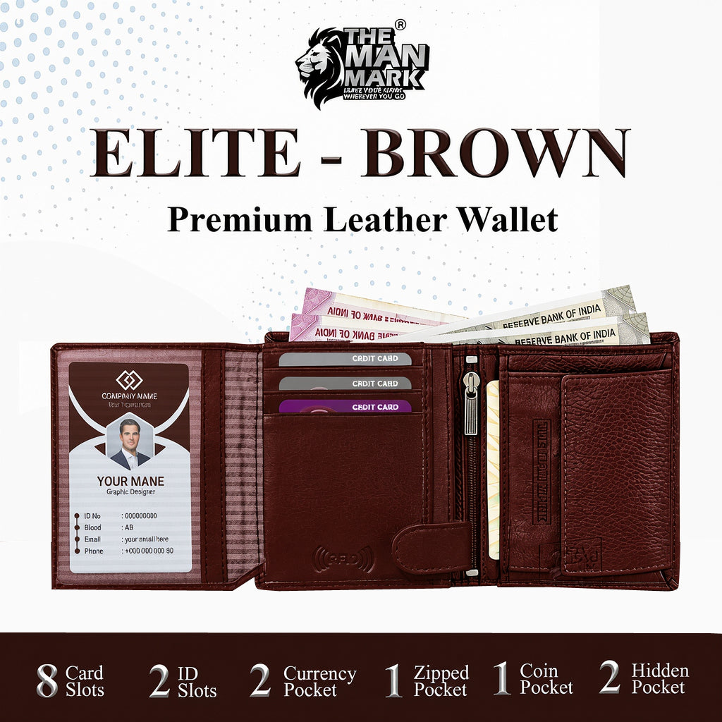 Elite (Brown) Premium Leather Wallet - 8 Card Slots, 2 Currency Pockets, 2, ID Window, RFID Protection - Perfect Gift for Birthday, Valentine's Day, Father's Day, Brother's Day, Anniversary, Rakhi, Diwali etc