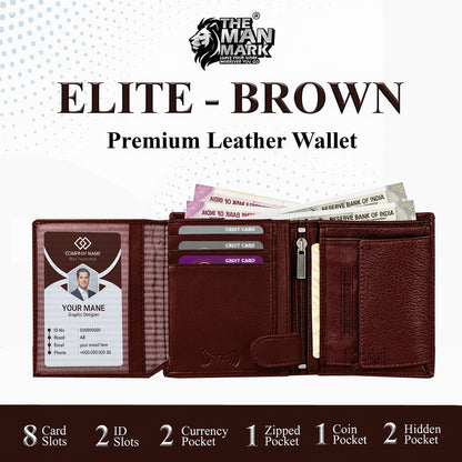 Elite (Brown) Premium Leather Wallet - 8 Card Slots, 2 Currency Pockets, 2, ID Window, RFID Protection - Perfect Gift for Birthday, Valentine's Day, Father's Day, Brother's Day, Anniversary, Rakhi, Diwali etc