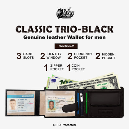 Classic Trio (Black) Pu Leather Wallet- 3 Card Slots, 2 Currency Pockets, 2 ID Window, RFID Protection - Perfect Gift for Birthday, Valentine's Day, Father's Day, Brother's Day, Anniversary, Rakhi, Diwali etc.