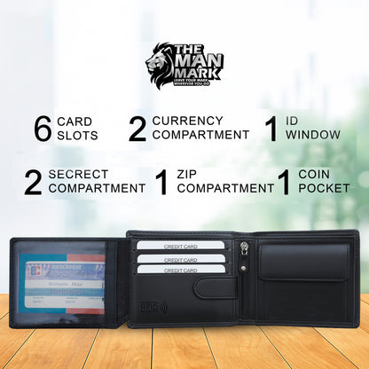 Black Sentinel Premium Leather Wallet - 6 Card Slots, 2 Currency Pockets, RFID Protection - Perfect Gift for Birthday, Valentine's Day, Father's Day, Brother's Day, Anniversary, Rakhi, Diwali etc