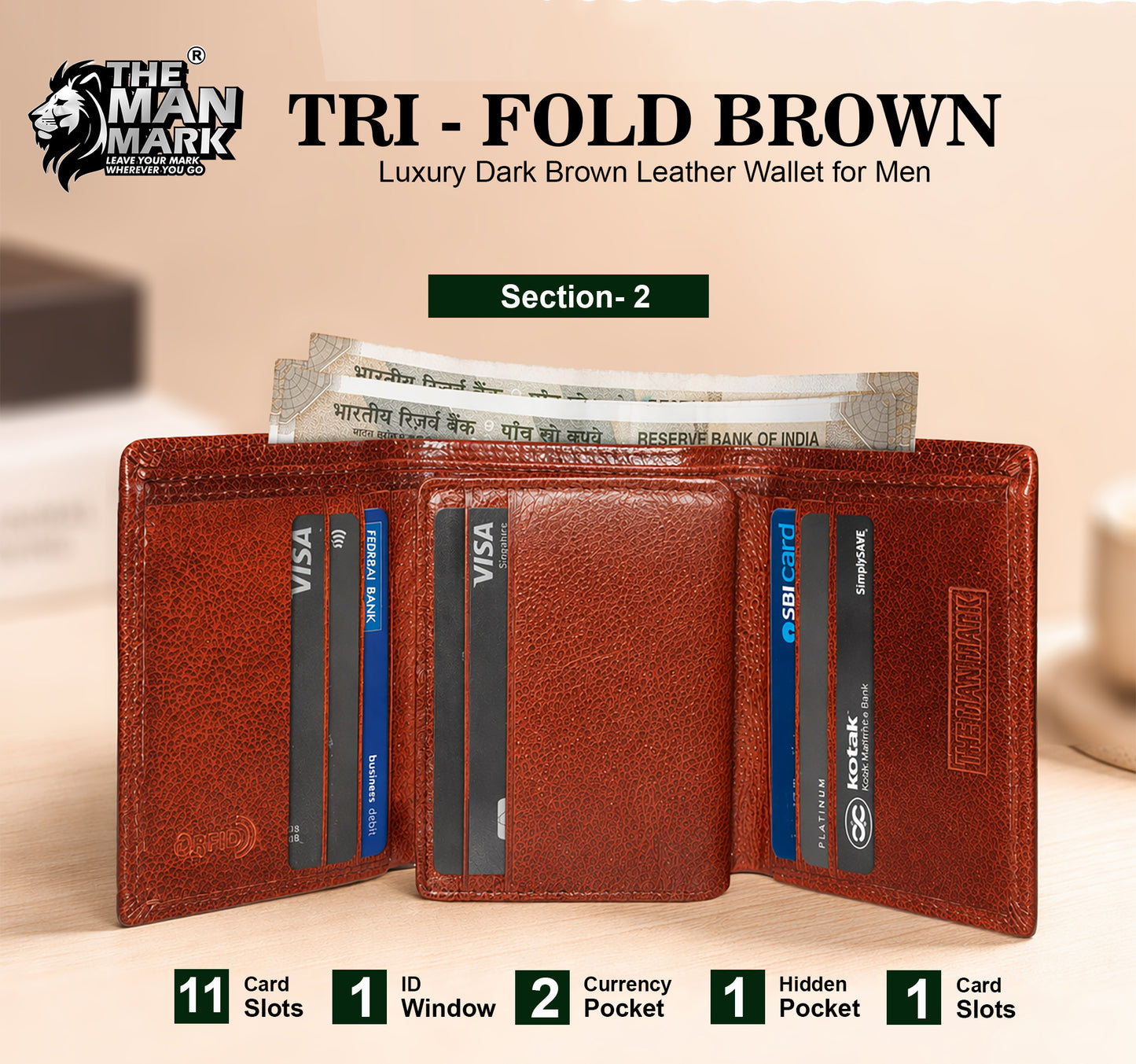 TRI - Fold (Brown) Premium Leather Wallet for Men - 11 Card Slots, 2 Currency Pockets, 1 ID Window, RFID Protection - Perfect Gift for Birthday, Valentine's Day, Father's Day, Brother's Day, Anniversary, Rakhi, Diwali etc