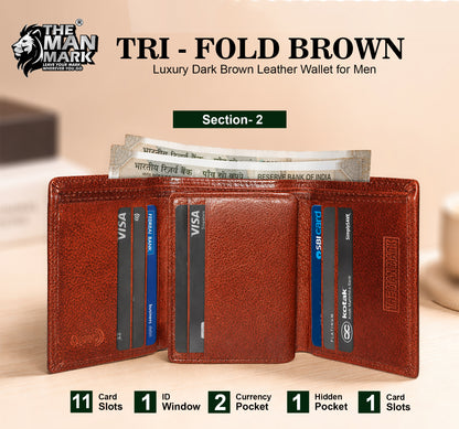TRI - Fold (Brown) Premium Leather Wallet for Men - 11 Card Slots, 2 Currency Pockets, 1 ID Window, RFID Protection - Perfect Gift for Birthday, Valentine's Day, Father's Day, Brother's Day, Anniversary, Rakhi, Diwali etc