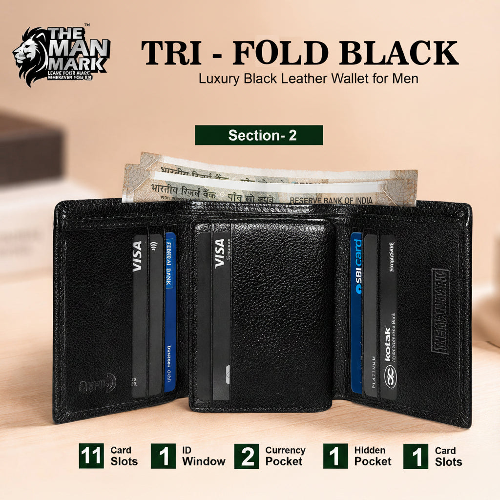 TRI - Fold (Black) Premium Leather Wallet for Men - 11 Card Slots, 2 Currency Pockets, 1 ID Window, RFID Protection - Perfect Gift for Birthday, Valentine's Day, Father's Day, Brother's Day, Anniversary, Rakhi, Diwali etc