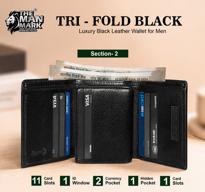 TRI - Fold (Black) Premium Leather Wallet for Men - 11 Card Slots, 2 Currency Pockets, 1 ID Window, RFID Protection - Perfect Gift for Birthday, Valentine's Day, Father's Day, Brother's Day, Anniversary, Rakhi, Diwali etc